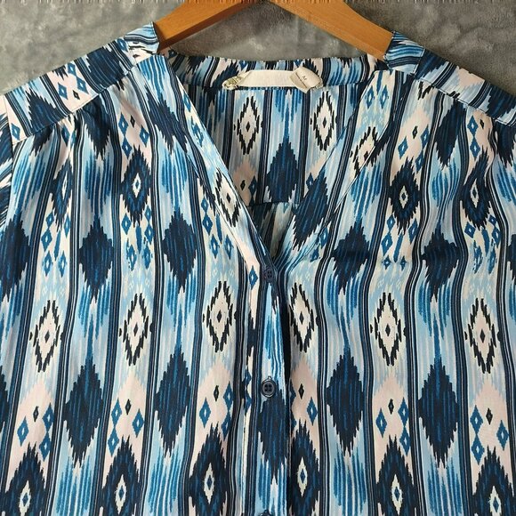 Chelsea Violet Womens Tunic Dress M Blue Ikat Roll Tab Sleeve Hi Low Boho Casual - Picture 8 of 11